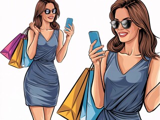Cartoon Pop Art Woman with Shopping Bags and Smartphone in Casual Style