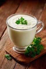 A refreshing yogurt drink is beautifully presented in a clear glass cup on a rustic wooden board. Fresh green herbs are placed beside it for garnish, highlighting its appetizing look