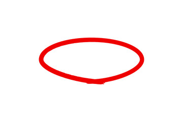 Bold red oval shape with a rough brush stroke texture on a clean white background