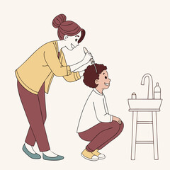 A woman applying medicine to a child's hair next to a sink with bottles and a stool in a light setting