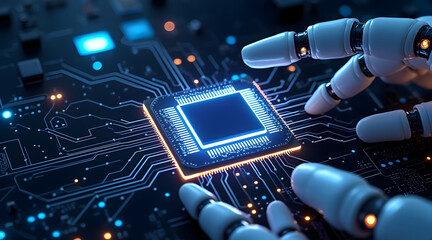 Glowing microchip on circuit board with robotic hand pointing, symbolizing advanced technology and futuristic innovation in electronics