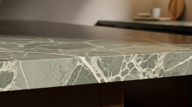 Smooth cinematic reveal of elegant polished marble tabletop in contemporary kitchen setting