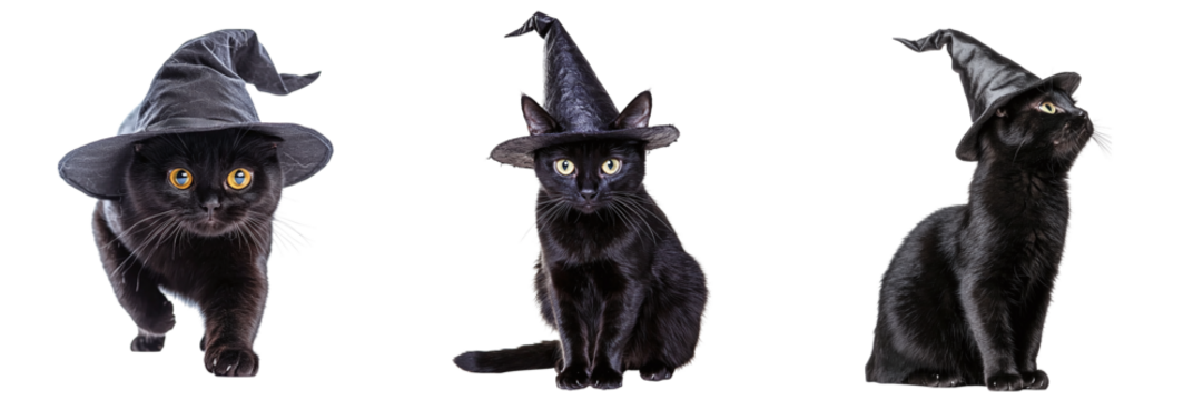 Set of cute cats in witch hat isolated on transparent background PNG - Powered by Adobe