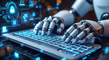 Robot hand typing on illuminated keyboard with digital security icons and music symbols floating, futuristic technology concept