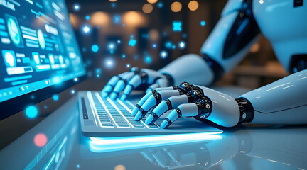 Robot typing on transparent keyboard with futuristic digital interface and glowing blue light, showcasing advanced technology and innovation