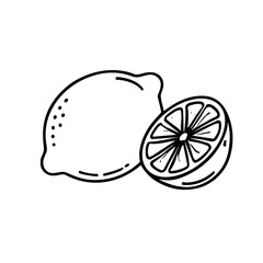 A black and white illustration featuring a whole lemon and a halved lemon.