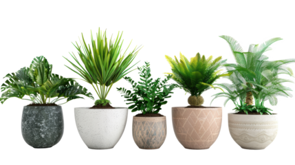 A row of potted plants with different sizes and shapes. The plants are arranged in a row, with the tallest one in the middle and the shortest one on the far left. The plants are of various types