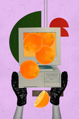 Banner 3d magazine pop picture collage image of hands wear glove show orange fruit pc monitor detox...