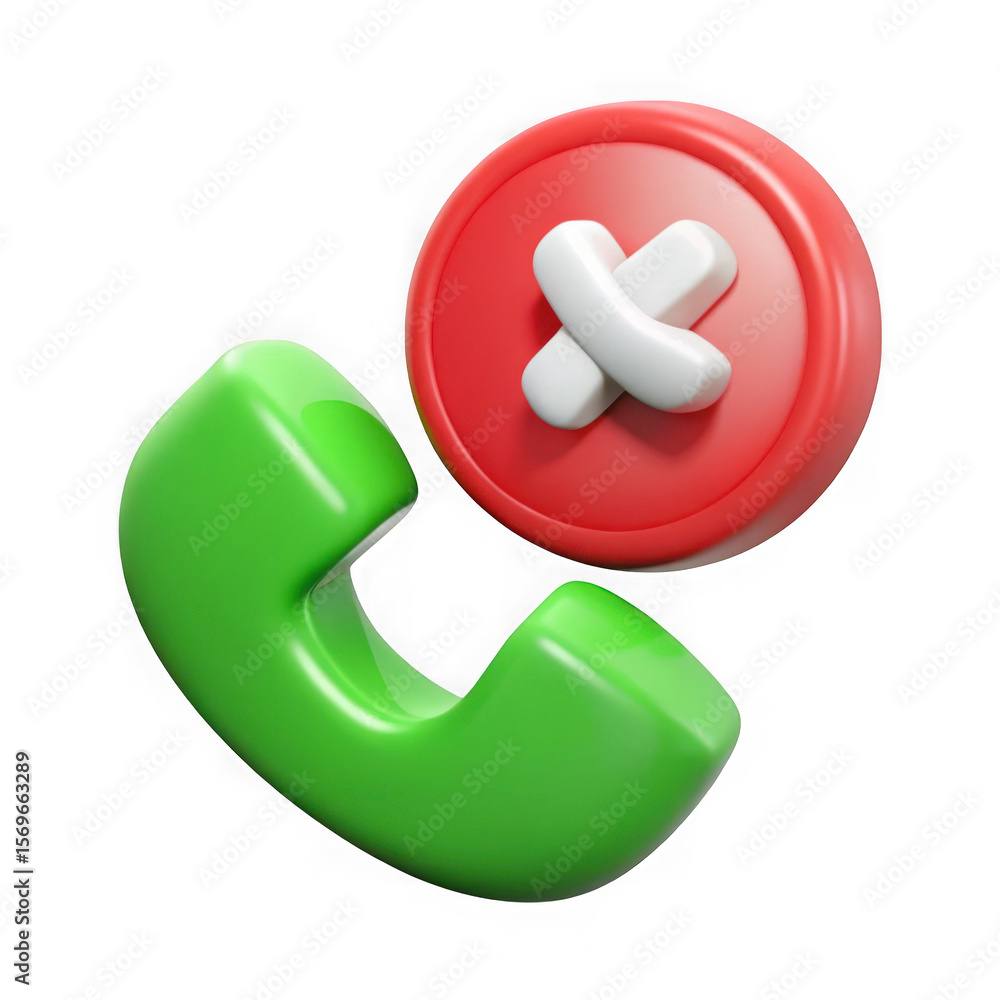 Poster green phone receiver with red cancel button and white cross isolated on transparent background