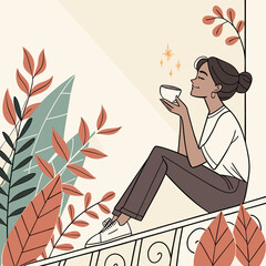 Woman sitting on a ledge enjoying a cup of tea surrounded by foliage and decorative railing design elements