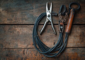 Top view of old rusty pliers, wire, and clamp on dark wood.
