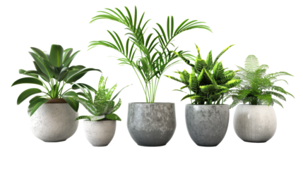 A row of potted plants with different sizes and shapes. The plants are arranged in a row, with the tallest one in the middle and the shortest one on the far left. The plants are all green and healthy