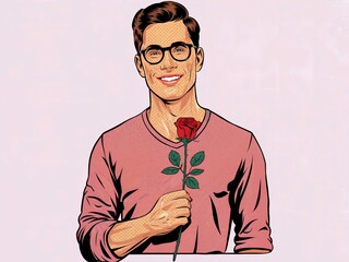 Cartoon Pop Art Man in Business Casual Holding Rose on Plain Background

