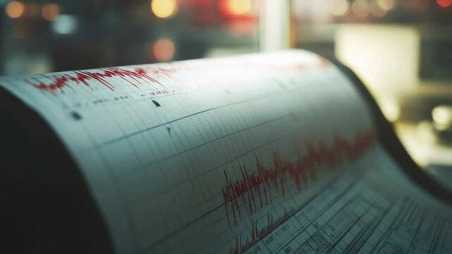 Seismograph needle draws red line on rotating paper roll, recording seismic waves during an earthquake, providing crucial data for geologists and scientists