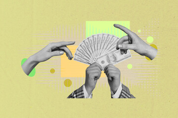 Creative full image artwork pop collage of hands point dollar banknote payment finance capital...