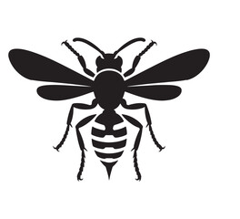 Stylized black silhouette of a wasp with detailed wings and legs