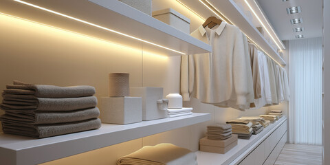 Modern lighting setup in walk-in closet, soft indirect LED strips along shelves and under cabinet lighting.