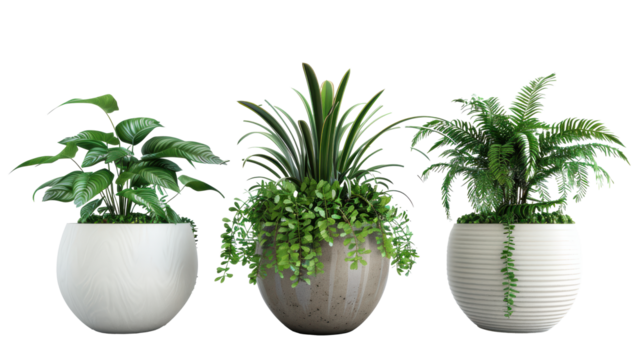 Three potted plants are arranged in a row, with one in the middle and two on either side. The plants are all green and appear to be healthy. The arrangement gives a sense of balance and harmony