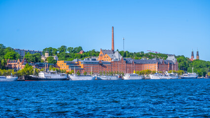 Obraz premium A vibrant view of Stockholm shows historic buildings along the waterfront. Ships line the harbor against a clear blue sky, highlighting the beauty of the city during a sunny day.