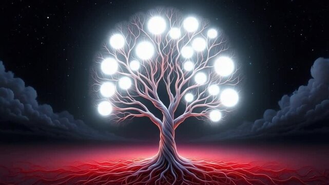 Glowing Celestial Tree Night Sky 4k Ultra H D High Quality Download Mystical Fantasy Nature Illuminated Branches Roots Red Ground Dark Atmosphere Dreamlike Surrealism Animation
