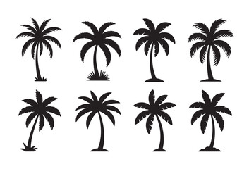 Collection of diverse black silhouette palm tree illustrations on white background
