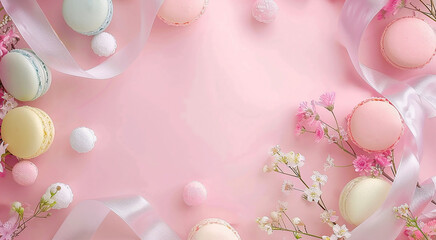 Round sweet multicolored almond macarons on a pink background with spring flowers