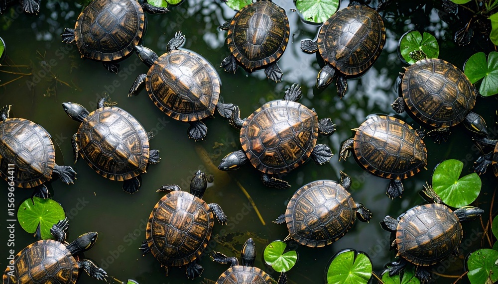 Poster repeating snapping turtles amidst watery swamp with flat-lay seamless pattern