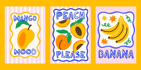Summer fruits vector posters set. Bright tropical juicy print designs with mango, peaches, bananas illustrations in whimsical frames