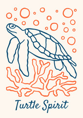 Underwater outline sea turtle vector illustration. Minimalist retro sea poster design with ocean animal and corals