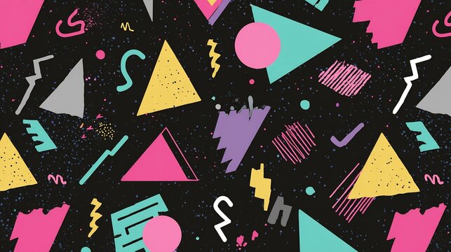 Vibrant retro Memphis style pattern with abstract shapes on a dark background
