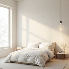 modern bedroom interior.A warm modern minimalist bedroom with soft lighting, earthy tones, clean lines, and cozy bedding—offering a serene and inviting space perfect for rest and relaxation.