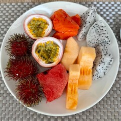 A delicious assortment of fresh fruit at breakfast in Southeast Asia -- a great start to the day