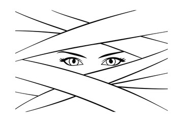 Eyes peeking through bandages Single graphic line