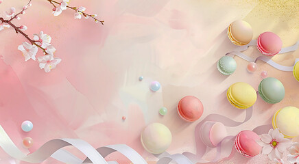 Round sweet multicolored almond macarons on a pink background with spring flowers