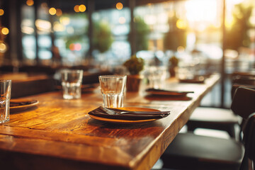 Restaurant dining table with dish, glass and silverware preparation, Dining table in restaurant.