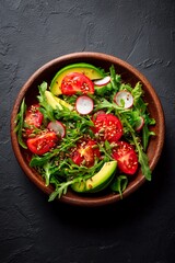 A vibrant salad features ripe tomatoes, creamy avocado slices, and crisp radishes mixed with fresh greens. Presented in a rustic wooden bowl, it highlights wholesome ingredients