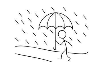 Line drawing a stick figure walking in the rain under an umbrella Single weather © Joy