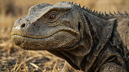Fototapeta premium Close-up portrait of a wild Galapagos land iguana, a green reptile with dragon-like scales and a striking eye, showcasing its unique tropical nature