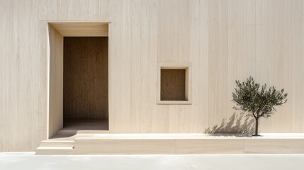 Minimalist exterior wall with light poplar wood horizontal cladding, featuring recessed doorway, small square window, and small tree casting shadow, creating calm and modern atmosphere