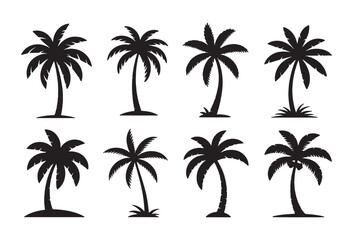 Fototapeta premium Collection of black silhouette palm trees on a white background