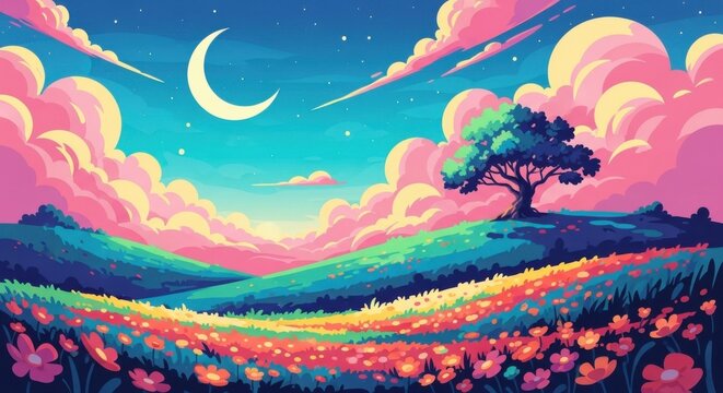 Dreamlike pixel art landscape with a crescent moon and vibrant clouds over rolling hills dotted with wildflowers and a solitary tree