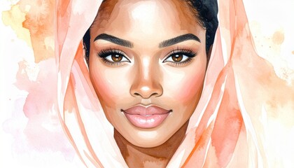 Watercolor Art Fashion Beauty Woman Concept. Portrait of a woman with a headscarf, illustrated in soft colors.
