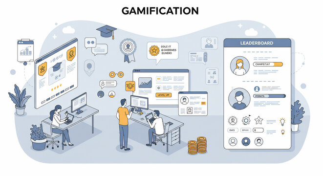 Gamification concept vector illustration showing user engagement and reward systems in a business setting