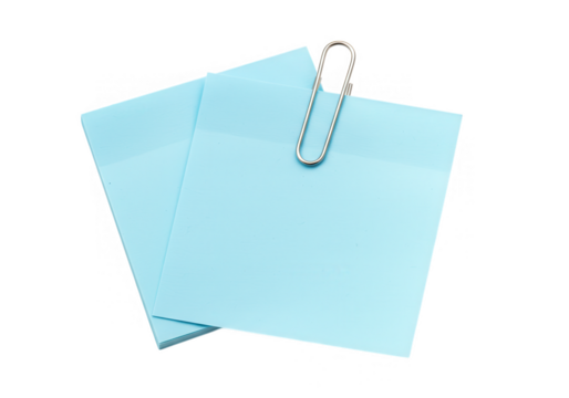 Two light blue sticky notes are attached with a silver paper clip, isolated on transparent background