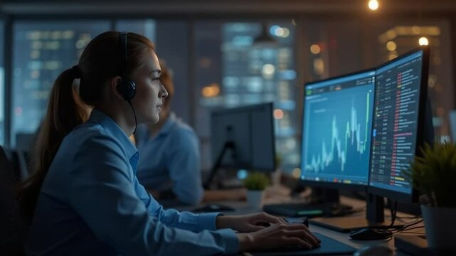 Dedicated financial analyst working late at night monitoring stock market data - Powered by Adobe