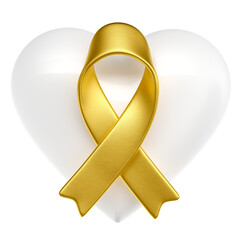Heart White with Golden Awareness Ribbon Symbol in 3D Render with transparent background