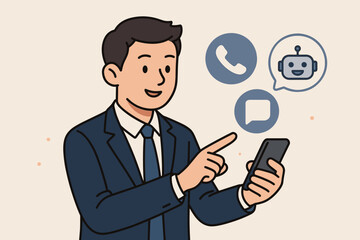 Contact us concept. Businessman using smartphone for customer support hotline. Man touching virtual screen with icons for phone call, live chat, and AI chatbot assistance.