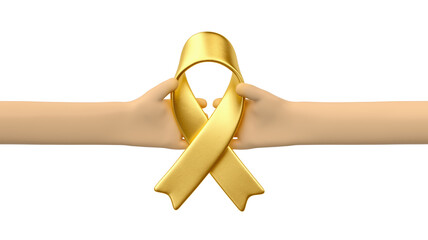 3D Hand Holding Golden Awareness Ribbon in 3D Render with transparent background