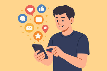 Man using smartphone for social media network. Digital communication concept with notification icons like love, comment, message, email, location. Online engagement vector.