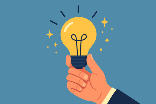 Businessman hand holding glowing light bulb. Concept of idea, creativity, innovation, inspiration, and solution. Success and discovery symbol. Flat vector cartoon illustration.